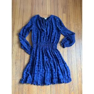 Shoshanna Dress Womens 4 Blue Floral Chiffon Smocked Ruffle Hem Long Sleeve